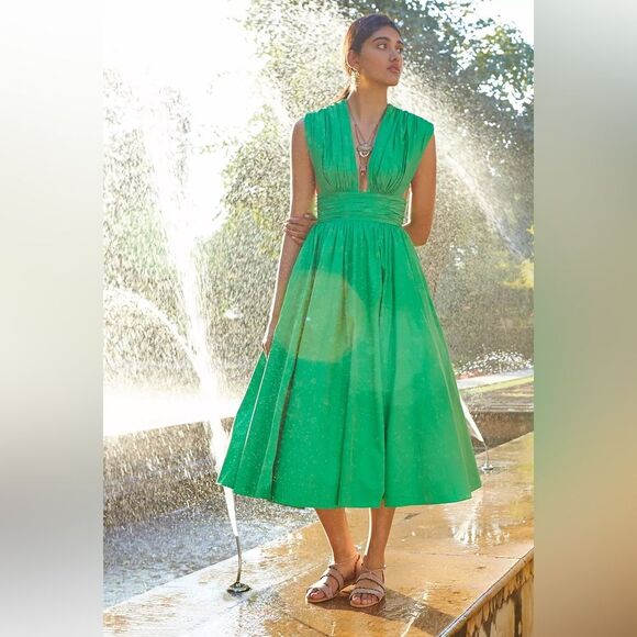 Anthropologie Tracy Reese Midi Dress Parted Emerald Dress with Pockets 8 - Picture 6 of 15